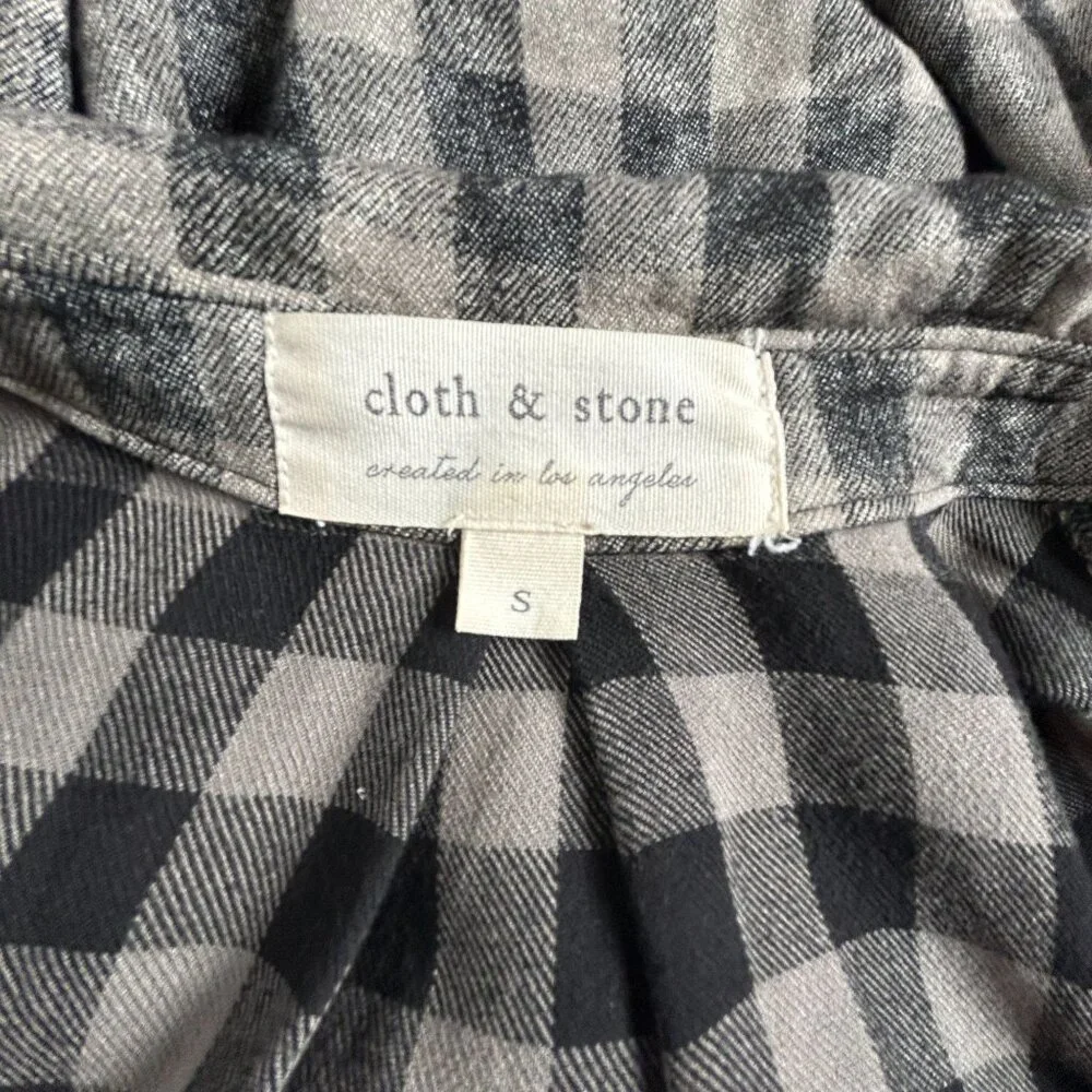 Cloth & Stone Womens Gray Black Checkered Fringe Trim Button Down Shirt Small - Picture 3 of 8